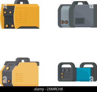 Vier flache Symbole, die verschiedene Modelle tragbarer Stromaggregate darstellen Stock Vektor