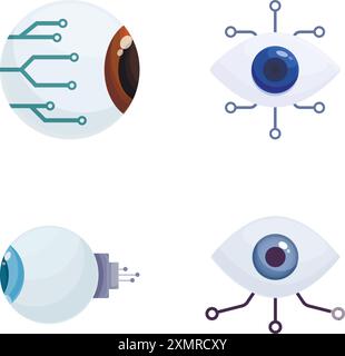 Sammlung von vier stilvollen Symbolen, die verschiedene Augendesigns darstellen, die in digitale und elektronische Elemente integriert sind Stock Vektor