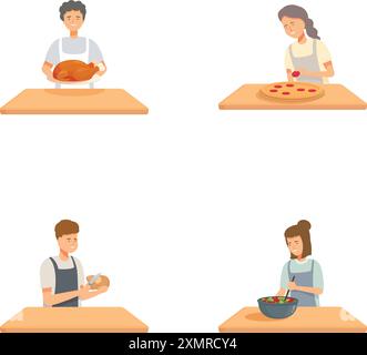 Vier Illustrationen von jungen Köchen, die verschiedene Gerichte in einer Küche kochen Stock Vektor