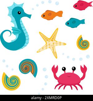 Bunte Auswahl an Meeresbewohnern: Seepferdchen, Fische, Muscheln, Seesterne, Krabben Stock Vektor