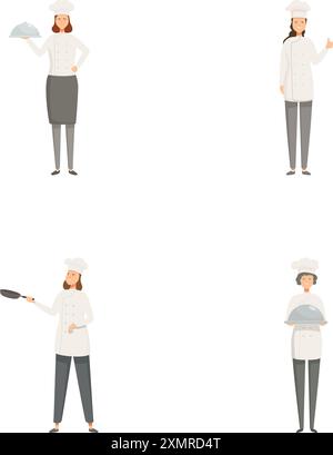 Sammlung von vier Vektorillustrationen mit weiblichen Cartoon-Köchen in verschiedenen Posen und mit Kochutensilien Stock Vektor