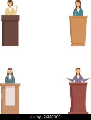 Set aus vier verschiedenen Geschäftsfiguren, die von Podesten in flachem Design präsentiert werden Stock Vektor