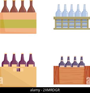 Sammlung von bunten Vektorillustrationen mit verschiedenen Arten von Bierflaschenkisten Stock Vektor