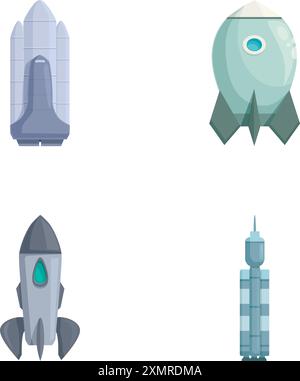 Sammlung von vier Raumraketen im Cartoonstil, jede mit einem einzigartigen Design Stock Vektor