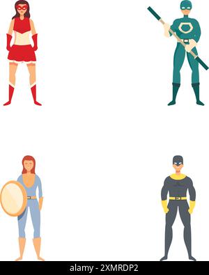 Vektor-Illustration von vier verschiedenen Superhelden in dynamischen Posen, die Vielfalt zeigen Stock Vektor