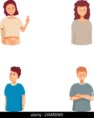 Sammlung von vier Zeichentrickfiguren mit verschiedenen Ausdrücken und Gesten, isoliert auf weiß Stock Vektor