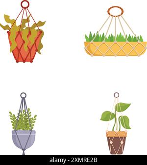 Vektor-Illustration Set mit vier hängenden Pflanzen in verschiedenen dekorativen Töpfen Stock Vektor