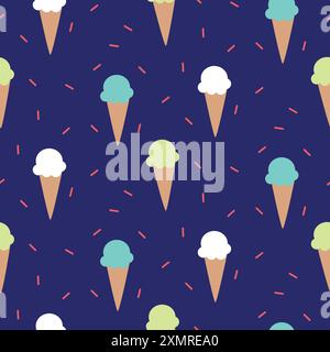Eisbecher farbenfrohes, nahtloses Sommermuster mit tropischen Früchten. Flacher Cartoon-Stil mit dunkelblauem Hintergrund für Stoffdruck. Stock Vektor