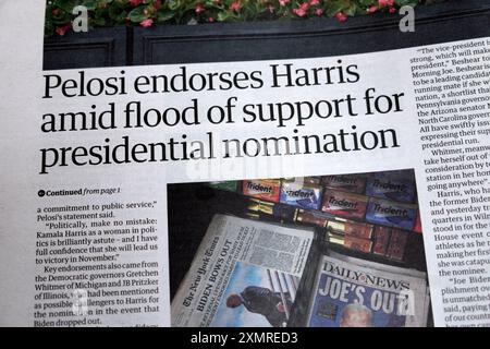 Nancy 'Pelosi unterstützt Harris inmitten einer Flut von Unterstützung für die Präsidentschaftskandidaten' Guardian-Zeitung Schlagzeile der US-Wahl 23. Juli 2024 London UK Stockfoto