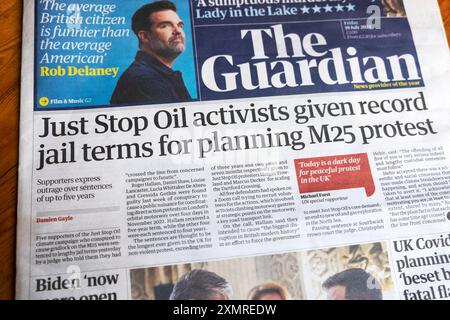 "Just Stop Oil Aktivists haben Rekordgefängnis für die Planung von M25 Protest gegeben" Guardian Zeitung Schlagzeile Titelseite artikel 19 Juli 2024 London Großbritannien Stockfoto