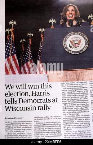 „WE will win this elections (Kamala) Harris Tells Democrats at Wisconsin Rallye“ Guardian-Zeitung Schlagzeilen wahlkampfartikel 24. Juli 2024 Großbritannien Stockfoto