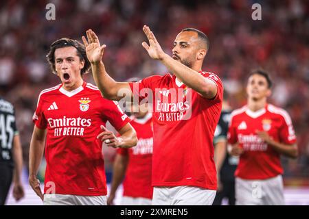 Lissabon, Portugal. Juli 2024. Arthur Cabral von SL Benfica feiert ein Tor während des Freundschaftsspiels zwischen SL Benfica und Feyenoord im Estadio da Luz. Quelle: SOPA Images Limited/Alamy Live News Stockfoto