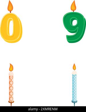 Set aus Geburtstagskerzen mit den Nummern 0 und 9 mit zwei dekorativen Kerzen Stock Vektor