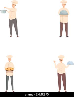 Sammlung von vier Comic-Köchen in verschiedenen Posen mit Kochutensilien und Speisen Stock Vektor