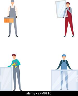 Set aus vier Illustrationen mit verschiedenen Fachleuten, darunter einem Bauarbeiter und einem Geschäftsmann Stock Vektor