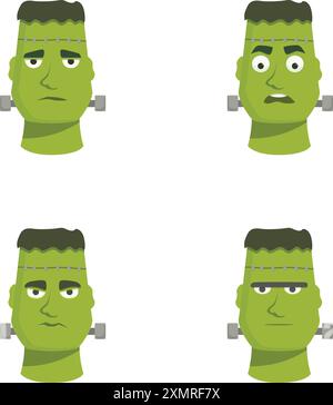 Sammlung von vier Cartoon-frankenstein-Köpfen mit unterschiedlichen Gesichtsausdrücken Stock Vektor