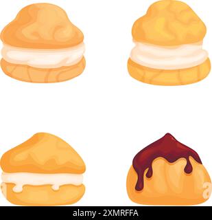 Verschiedene Creme Puffs Kollektion mit köstlichen Füllungen, Schokoladensoße und Vanilleaufstrich auf einer hochauflösenden digitalen Vektor-Illustration, isoliert auf einem bunten, detaillierten Hintergrund Stock Vektor