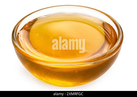 Honig in einer Glasschale isoliert auf weiß. Hoher Winkel. Stockfoto