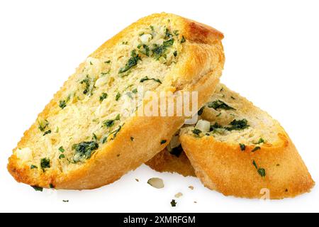 Zwei Scheiben Knoblauchbrot mit frischer Petersilie isoliert auf weiß. Stockfoto