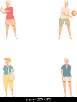 Sammlung von Illustrationen, die aktive Senioren zeigen, die an Sommeraktivitäten teilnahmen, isoliert auf weiß Stock Vektor