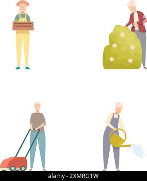 Illustrationssammlung mit älteren Personen, die an verschiedenen Gartenarbeiten im Freien teilnehmen Stock Vektor