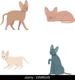 Sammlung von niedlichen illustrierten Katzen, die in schlichtem, modernem Stil stehen, liegen und sitzen Stock Vektor