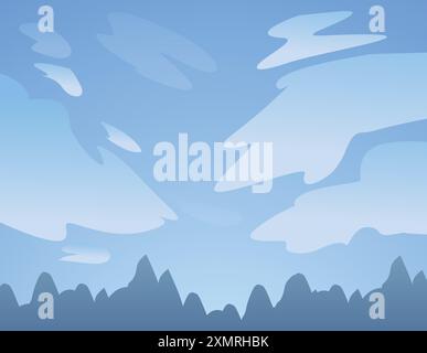 Minimalistische Landschaft mit blauem Himmel und Wolken, die sich über Bergen im Hintergrund bilden Stock Vektor
