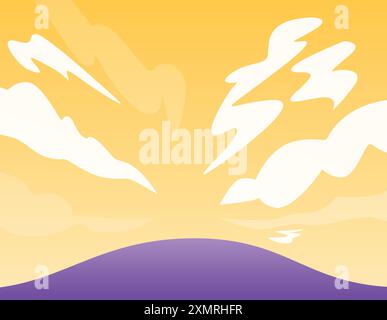 Minimalistische Landschaftsillustration mit einem lila Hügel und einem gelben Himmel mit stilisierten Wolken bei Sonnenuntergang Stock Vektor