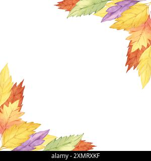 Clipart-Rahmen mit leuchtenden gelben, orangefarbenen und violetten Blättern in den Ecken. Perfekt für saisonale Grußkarten, Einladungen und digitale Designs mit Herbstmotiv Stockfoto