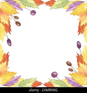 Herbstaquarell mit gelben, orangen und lila Blättern und verstreuten Beeren, die einen Rand bilden. Verwenden Sie dieses Clipart für Thanksgiving-Karten, saisonale Banner und dekorative Druckgeräte Stockfoto