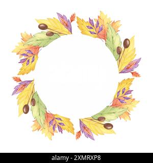 Blätter-Aquarellkranz mit leuchtenden gelben, orangen und lila Blättern in einem kreisförmigen Rahmen. Perfekt für Herbstdekor, Einladungen und saisonale digitale Designs Stockfoto