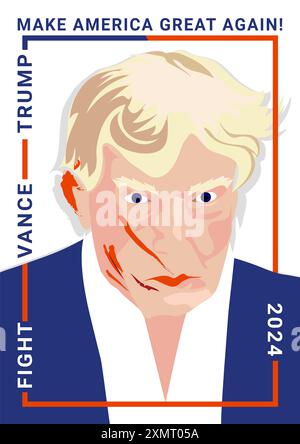 Posterportrait von Donald Trump mit Blut im Gesicht und der Text seines Wahlkampfs Make America Great Again Stockfoto