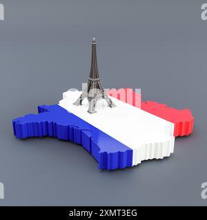 3D-Darstellung der 3D-Karte von Frankreich mit Miniatur des Eiffelturms oben Stockfoto