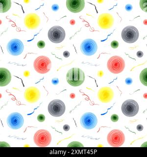 Nahtloses Muster abstrakter bunter Bänder, Kreise. Lebendige Töne, anmutige Striche. Polka Dots mit gewellten Bändern. Runde Kritzelpunkte. Stockfoto