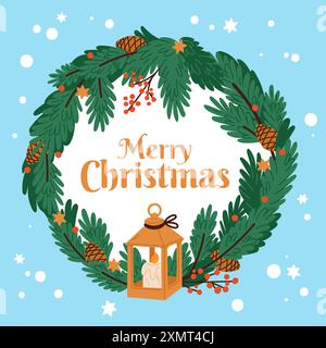 Cartoon Weihnachtskranz. Neujahrsdekoration mit ineinander verflochtenen Tannennaturzweigen. Nadelzapfen und Laterne mit Kerze. Winter Stock Vektor
