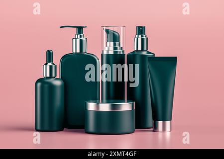 3D-Illustration eines Satzes von verschiedenen Kosmetikbehältern in schwarzer Farbe, isoliert auf rosa Hintergrund. Kosmetikgläser, Flaschen, Röhrchen, Sprays und andere Behälter Stockfoto