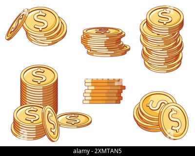 Goldene Münzen stapeln. Geldwährungen, finanzielle Vermögenswerte, Bargeld, verschiedene Blickwinkel und Stapelhöhen, Dollarzeichen, Casino-Jackpot, Symbol Stock Vektor