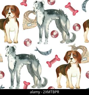 Hunde verschiedener Rassen, Haustiere mit Ball, Halsband, Knochen und Leine, die in Aquarellfarben handgezeichnet sind. Nahtloses Aquarellmuster. Geeignet zum Drucken Stockfoto