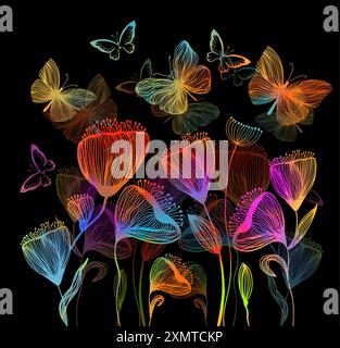 Linie farbige Blumen mit Schmetterlingen auf schwarzem Hintergrund. Handzeichnung. Nicht AI, Vektorillustration Stock Vektor