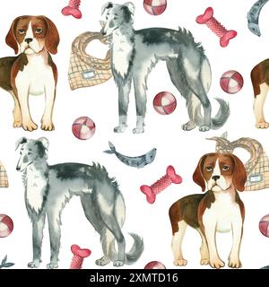 Hunde verschiedener Rassen, Haustiere mit Ball, Halsband, Knochen und Leine, die in Aquarellfarben handgezeichnet sind. Nahtloses Aquarellmuster. Geeignet zum Drucken Stockfoto