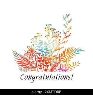 Leuchtende Regenbogenblüten. Postkarte Glückwunsch. Gemischte Medien. Handgezeichnet. Nicht AI, Vektorillustration Stock Vektor