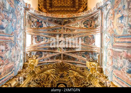 Detaillierte Fresko-Kunstwerke an der Decke von Iglesia de la O in Sanlucar de Barrameda, Cadiz. Wunderschöne Barockarchitektur. Stockfoto