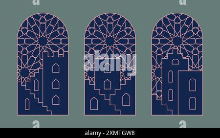 Arabische Nacht Stadt Panorama, Landschaft, Haus, Treppe. Marokkanische Spitze, Fenster, Bogen für Vektorkarte, Flayer. Stock Vektor