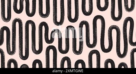 Auffällige, wellige Grunge-Linien. Horizontale schwarze Hand gezeichnete Pinselstriche Vektor nahtloses Muster. Hintergrund der geometrischen Tribal-Tintenlinien. Stock Vektor