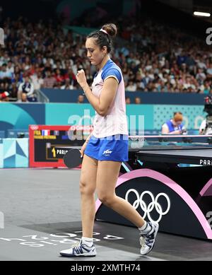 Paris, Ile de France, Frankreich. 31. Juli 2024. Olympische Spiele 2024 in Paris: Tischtennis, South Paris Arena 4. Frauen-Singles in der zweiten Runde, Manika Batra gegen Prithika Pavade (FRA). Manika Batra besiegte Prithika Pavade (FRA) mit 4:0. (Kreditbild: © Seshadri Sukumar/ZUMA Press Wire) NUR REDAKTIONELLE VERWENDUNG! Nicht für kommerzielle ZWECKE! Stockfoto