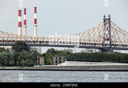 Blick auf die 59. Straßenbrücke mit verlassener psychiatrischer Klinik auf roosevelt Island und Fabrikrauchstapeln Stockfoto