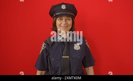 Eine lächelnde hispanische Polizistin mittleren Alters in Uniform steht vor einem isolierten roten Hintergrund. Stockfoto