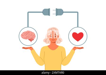 Die Frau versucht, das Gleichgewicht zwischen Gefühlen und Intellekt zu erreichen, indem sie Herz und Gehirn in der Hand hält Stock Vektor