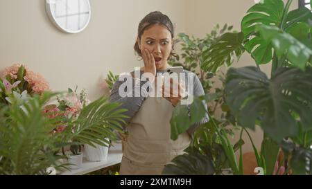 Überraschte Frau mit Smartphone im Blumenladen zeigt Einzelhandel, Technologie und Emotionen. Stockfoto