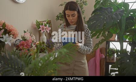 Eine junge hispanische Frau steht drinnen zwischen Pflanzen, konzentriert auf ihr Tablet, während sie von einem gemütlichen Raum umgeben ist. Stockfoto